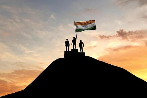 India flag being waved on top of a winners podium. 3D Rendering Stock Illustration