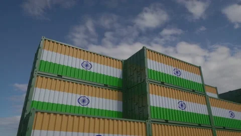 India flag containers are located at the container terminal. India export or Stock Footage 200527270