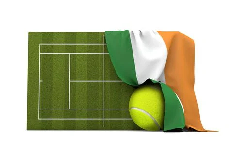India flag draped over a grass tennis court and ball. 3D Rendering Stock Illustration