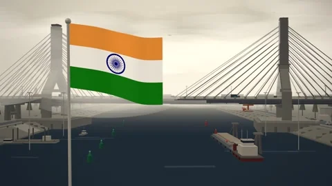 India Flag Flying Over Cable Stayed Bridge River seamless loop Stock Footage 345373674