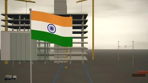 India Flag Flying Over Construction Site Tower Cranes seamless loop Stock Footage 344701353
