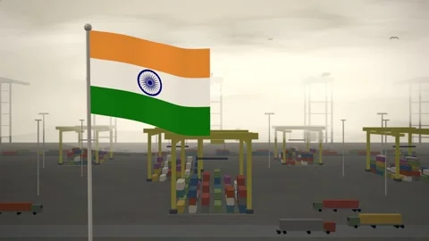 India Flag Flying Over Container Terminal Stacking Yard seamless loop Stock-Footage 344781938