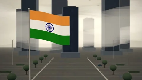 India Flag Flying Over Downtown City Skyline Towers seamless loop 스톡 동영상 344700906