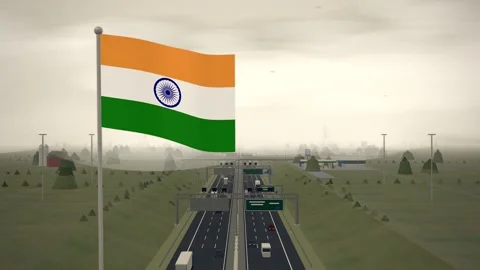 India Flag Flying Over Interstate Highway Rural Traffic seamless loop Vídeos de archivo 344703183