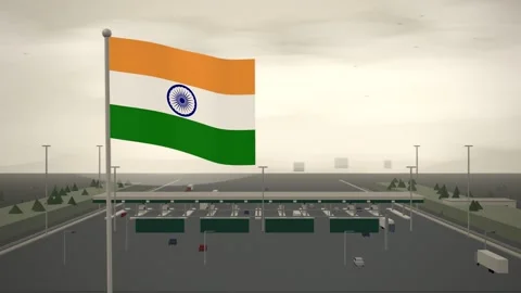 India Flag Flying Over Motorway Toll Plaza Traffic seamless loop Stock Footage 345130832