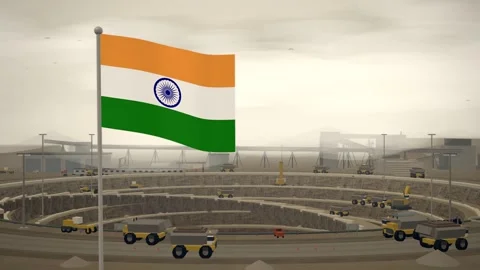 India Flag Flying Over Open Pit Mine Terraces seamless loop Vídeo Stock 345345036