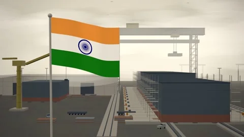 India Flag Flying Over Shipyard Building Berth Gantry seamless loop Vidéo 344847387