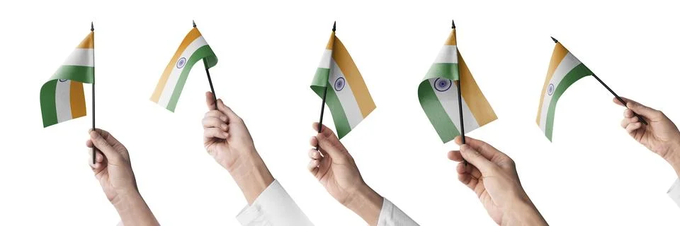 The India flag in hand in different angles on a white background Stock Illustration
