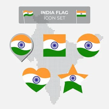 India flag icons set in the shape of square, heart, circle, stars, map marker Stock Illustration
