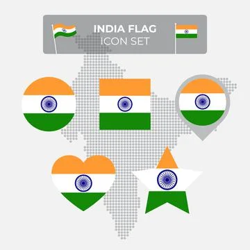 India flag icons set in the shape of square, heart, circle, stars, map marker 스톡 일러스트
