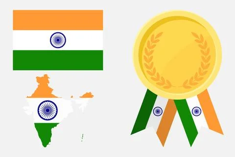 India flag with map and gold medal in set for web and banners or app and game Stock Illustration
