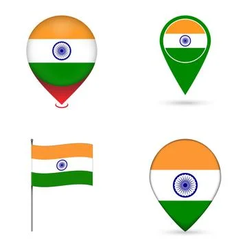 India Flag Map Pin Icons Set Collection. Stock Illustration