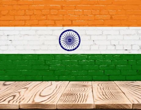 India flag painted on brick wall with wooden floor Ilustração Stock