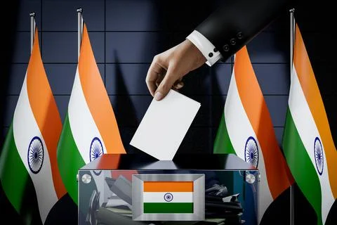 India flags, hand dropping ballot card into a box Ilustración de archivo