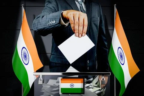 India flags, hand dropping voting card - election concept - 3D illustration Ilustración de archivo