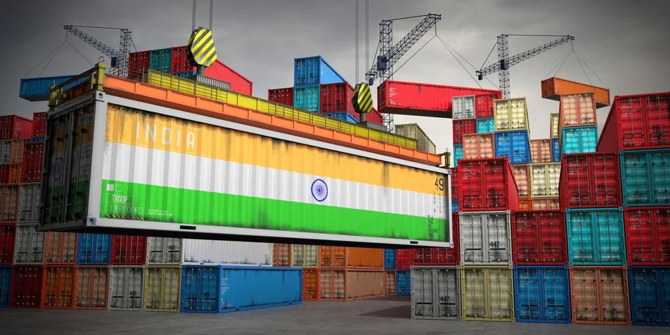 India - freight container in cargo terminal - 3D illustration Stock Illustration