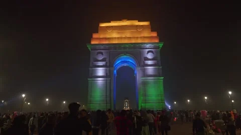 India gate war memorial  lit up in Indian tricolor theme in night Video stock 236416048