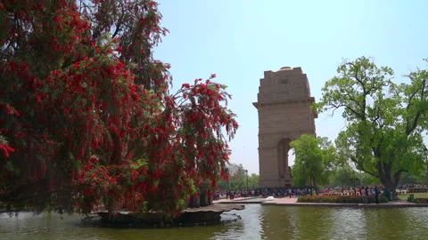India Gate war memorial with red blooming tree in New Delhi India Stock Footage 342268839