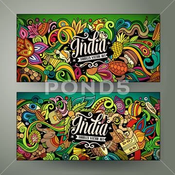 India hand drawn doodle banners set. Cartoon detailed flyers. Stock Illustration