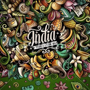 India hand drawn vector doodles illustration. Indian frame card design. Stock Illustration