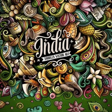 India hand drawn vector doodles illustration. Indian frame card design. Stock-Illustration