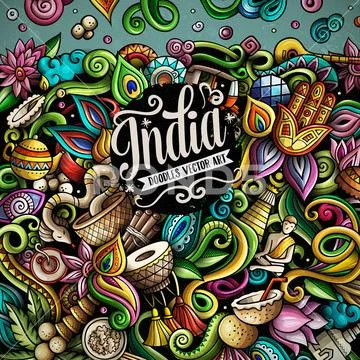 India hand drawn vector doodles illustration. Indian frame card design. Stock Illustration