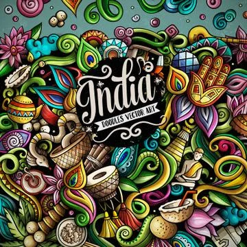 India hand drawn vector doodles illustration. Indian frame card design. Stock-Illustration