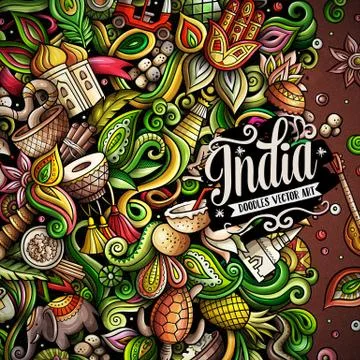 India hand drawn vector doodles illustration. Indian frame card design. Stock-Illustration