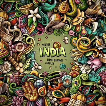 India hand drawn vector doodles illustration. Indian frame card design. Stock-Illustration