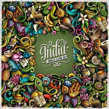 India hand drawn vector doodles illustration. Indian frame card design. Stock-Illustration