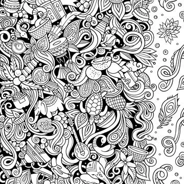 India hand drawn vector doodles illustration. Indian frame card design. Stock-Illustration