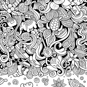 India hand drawn vector doodles illustration. Indian frame card design. Stock-Illustration