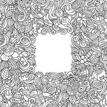 India hand drawn vector doodles illustration. Indian frame card design. Stock-Illustration