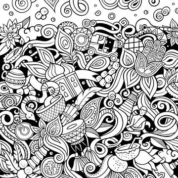 India hand drawn vector doodles illustration. Indian frame card design. Stock-Illustration
