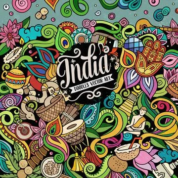 India hand drawn vector doodles illustration. Indian frame card design. Stock-Illustration