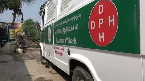 India, hospital on wheels, basic healthcare for villages Stock Footage