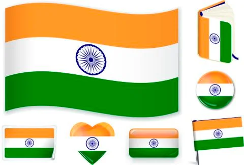 India. Indian flag wave, book, circle, pin, button, heart and sticker. Stock Illustration