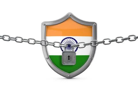 India lockdown concept. Shield with lock and chain. 3D Render 스톡 일러스트