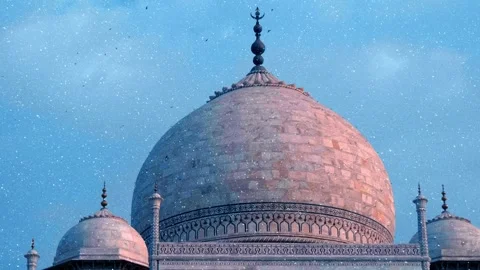 In India, a lot of martlets fly over the Taj Mahal dome against the blue sky Video stock 330894591