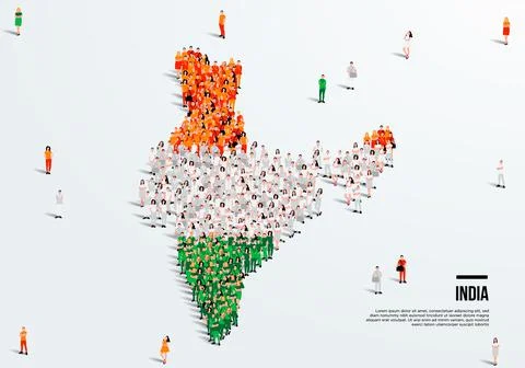 India Map and Flag. A large group of people in Indian flag color. Stock Illustration
