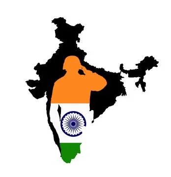 India map and flag over saluting army soldier vector silhouette 库存插图