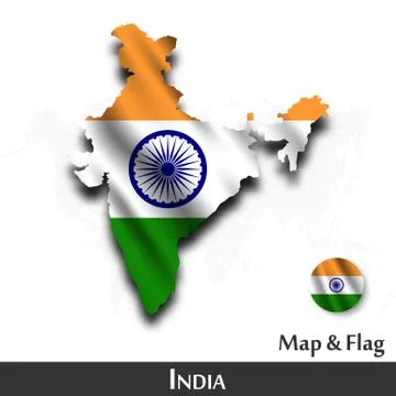 India map and flag . Waving textile design . Dot world map background . Vecto Illustrazione stock