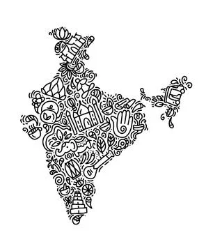 India map black calligraphy text and doodle elements Indian culture vector Stock Illustration