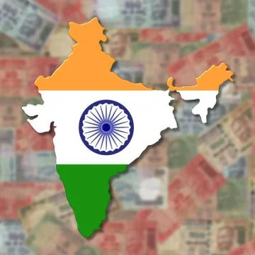 India map flag on blurred rupees Illustrazione stock