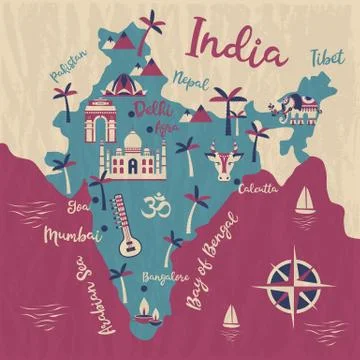 India map, flat illustration, Elephant, cow, sitar, palm tree, city. Stock Illustration