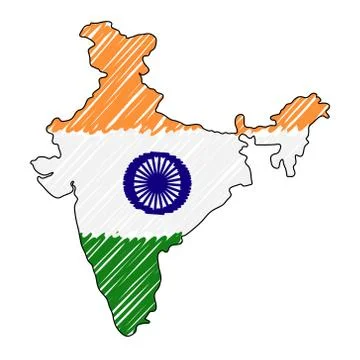 India map hand drawn sketch. Vector concept illustration flag, childrens drawing Stock Illustration