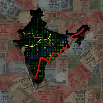 India map with hex code and graphs on rupees illustration Stock Illustration