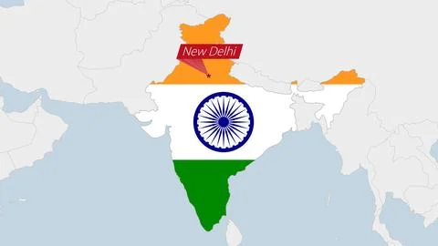 India map highlighted in India flag colors and pin of country capital New D.. Stock Illustration