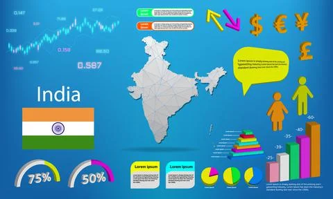 India map info graphics - charts, symbols, elements and icons collection. Det Stock Illustration