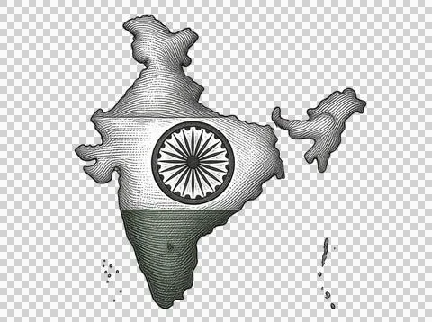 India map outline with ashoka chakra and flag line art map. Ilustração Stock